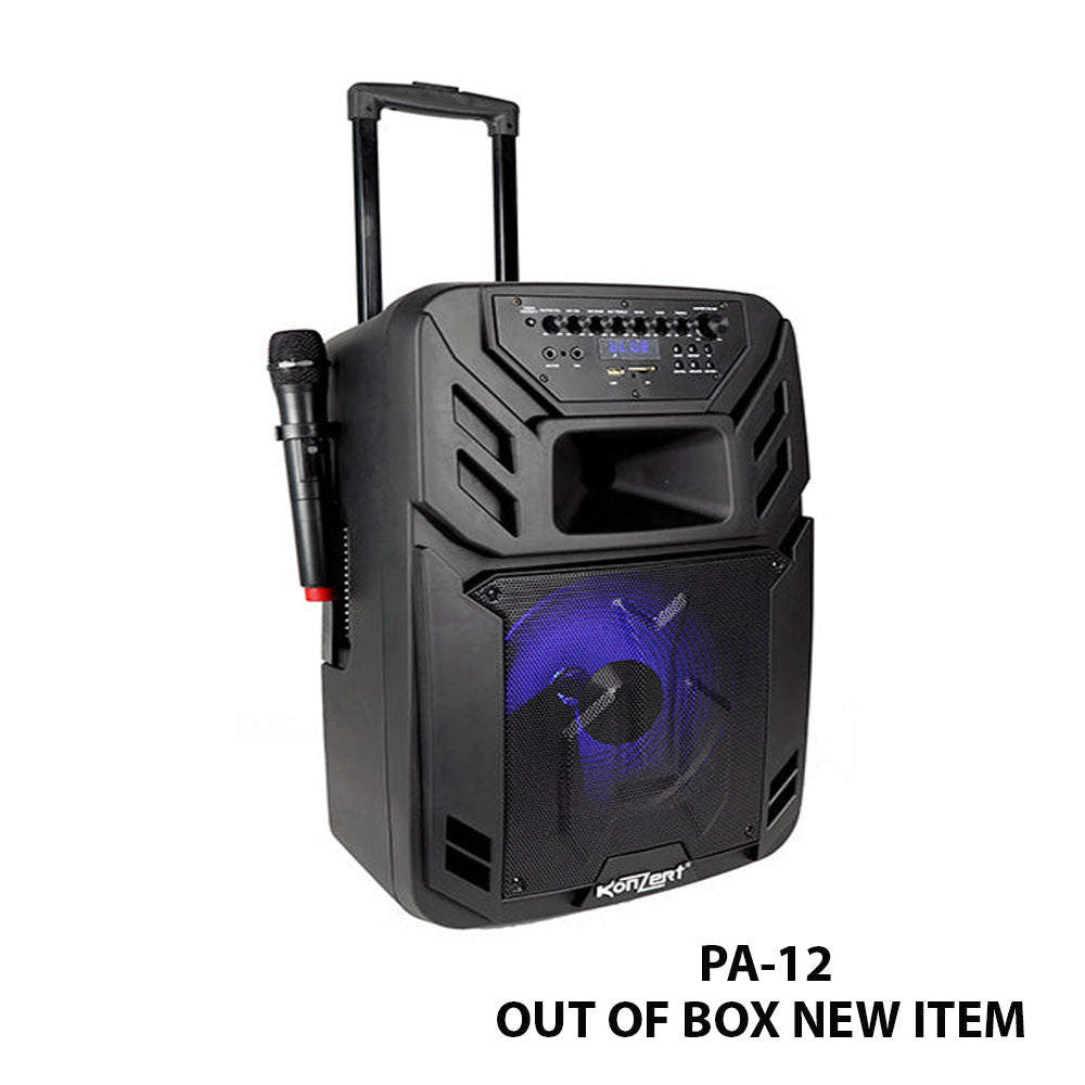 Konzert PA-12 12" 400W Portable Party Active Trolley Speaker with Bluetooth, NFC, USB/ SD Slot, FM Radio, LED Light, 2pcs Wireless Mic with Voice Priority and Rechargeable Battery