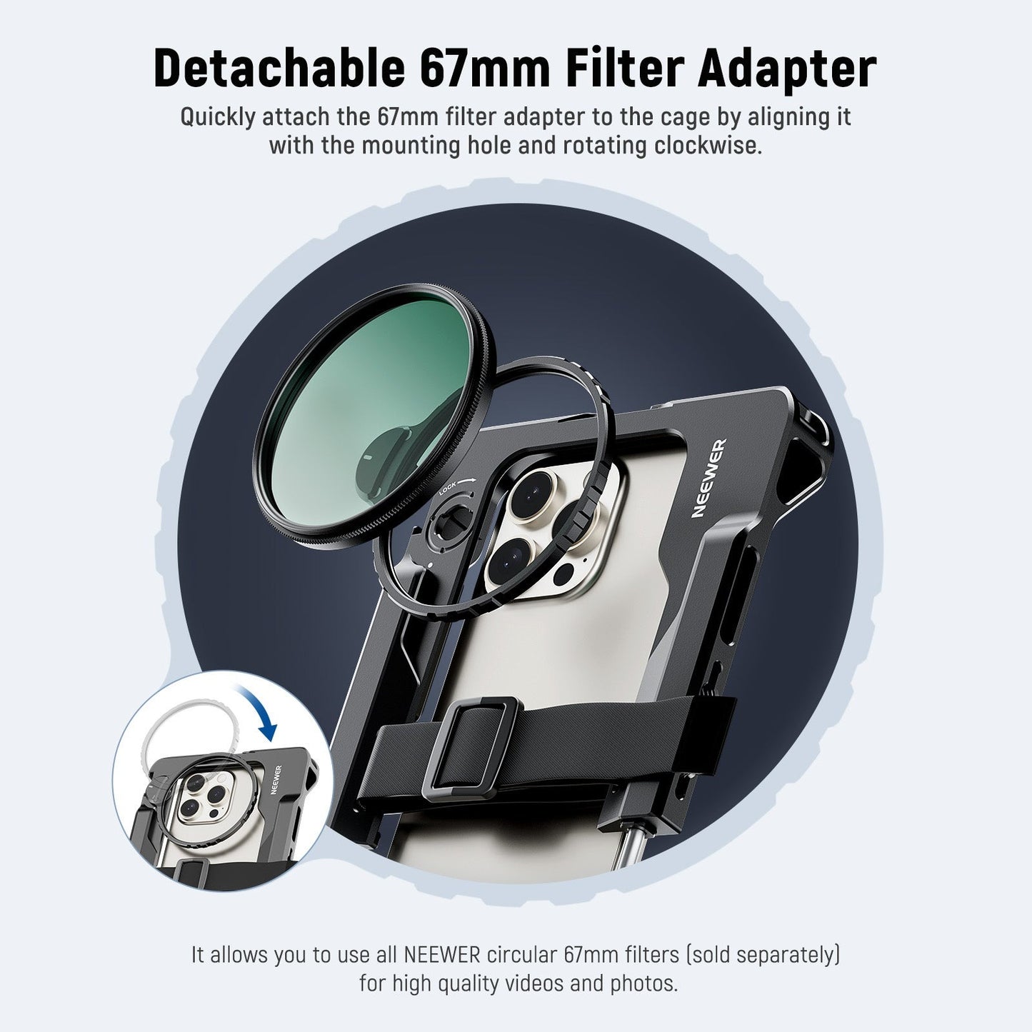 Neewer PA017 Handheld Universal Smartphone Clamp Mount Cage Rig with 67mm Detachable Filter Adapter Ring, 360° Dual Side Handles, Aluminum Alloy, Multiple 1/4" Threads for Photography, Videography & Content Creation | 10103956