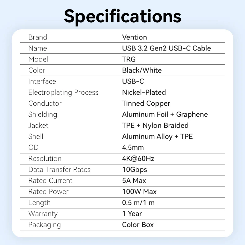 Vention 0.5 / 1-Meter USB 3.2 Gen 2 Dual Type-C Male 5A Fast Charging Cable with 10Gbps Data Transmission Speed Aluminum Alloy Type