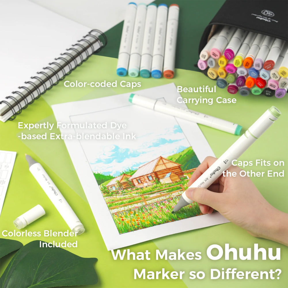 OHUHU Oahu 40pcs Basic Colors (Fine & Chisel) Dual Tip Alcohol Based Art Markers Y30-80403-63 for Sketching, Illustration, Drawing & Writing | Stationery, Arts & Craft - Colored Pens & Markers