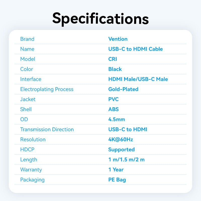 Vention USB-C to HDMI-A 4K HD Cable Black 4K/60Hz For Laptop, TV, Tablet, Phone, Monitor, Projector