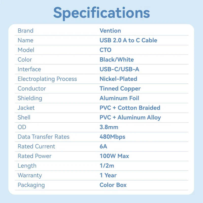 Vention 2-Meters USB 2.0 Type-A Male to Type-C Male 6A Fast Charging Cable 480Mbps Data Transmission Speed Aluminum Alloy Type