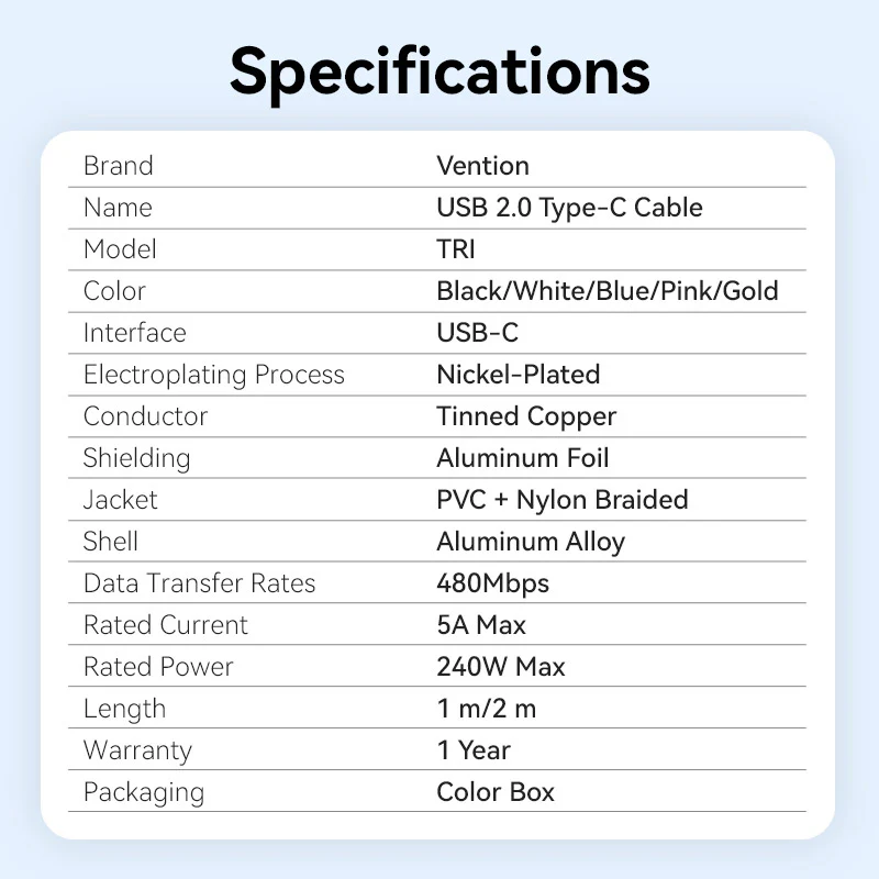 Vention 1 / 2-Meter USB 2.0 Dual Type-C Male 5A Fast Charging Cable with 480Mbps Data Transmission Speed Aluminum Alloy Type