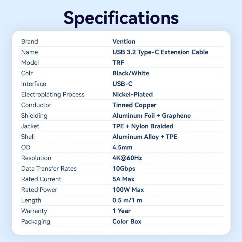 Vention 0.5-Meter USB 3.2 Gen 2 Type-C Male to Female 5A Fast Charging Cable with 10Gbps Data Transmission Speed Aluminum Alloy Type