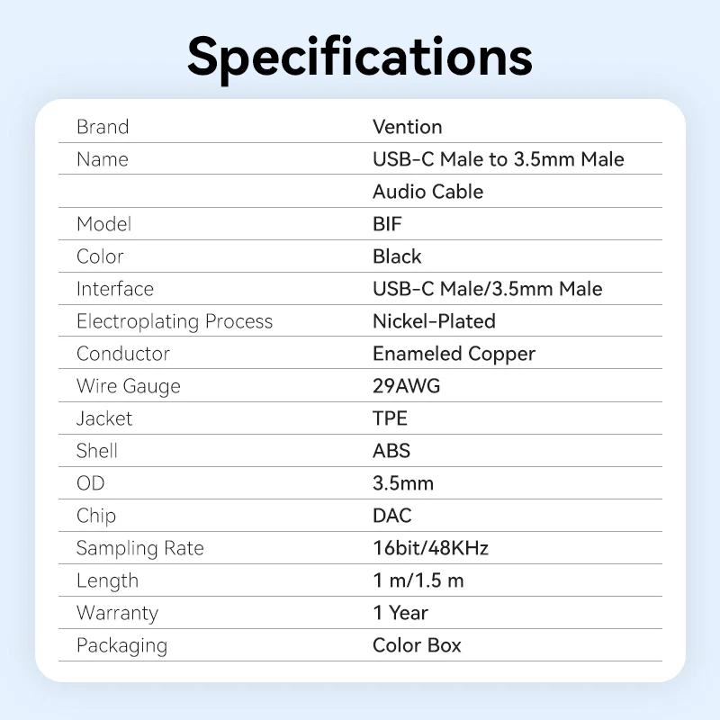 Vention 1.5-Meters USB-C Male to 3.5mm Male Jack Audio Cable with DAC Adapter ABS Type for Laptops, Headphones, Car Stereo, Smartphones & Speakers