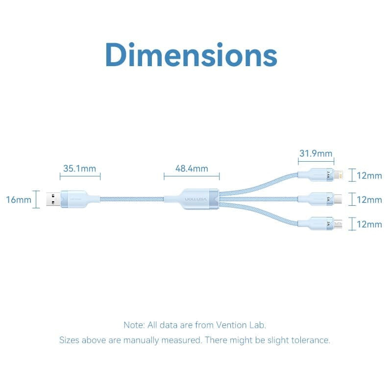 Vention 3-in-1 USB 2.0 1.5M Cable USB-C, Lightning, Micro-B, 6A Fast Charging, Aluminum Alloy for Phone, Tablet, Power bank - Available Colors