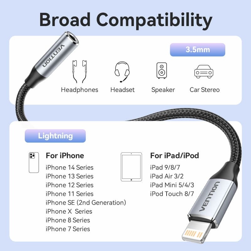 Vention iPh Male to 3.5mm Earphone Jack Adapter with Cotton Braided Exterior for Cars, Mobile