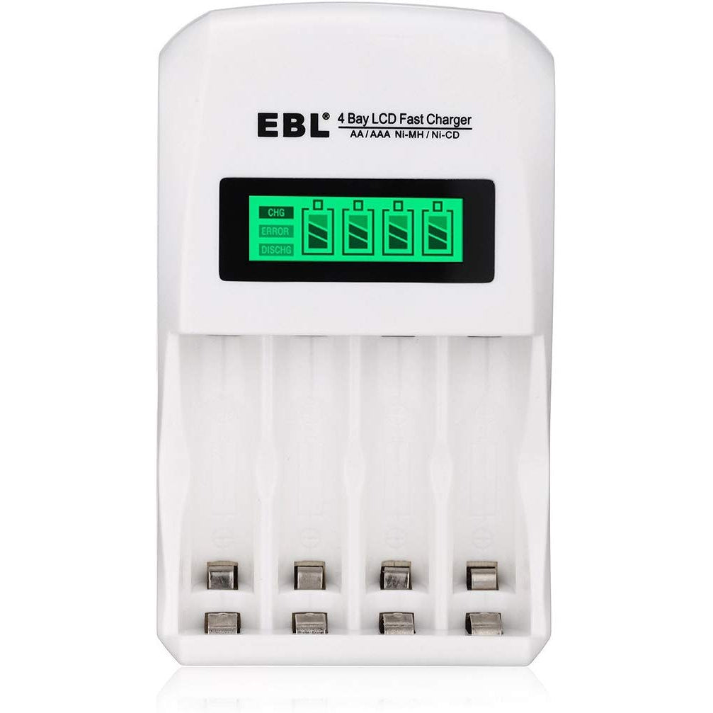 EBL LN-6907 4-Bay Smart Battery Charger with LCD Indicator Screen, Individually Controlled Quick Charging Slots, and Intelligent Overcurrent Protection for AA AAA Ni-MH Ni-CD Rechargeable Batteries