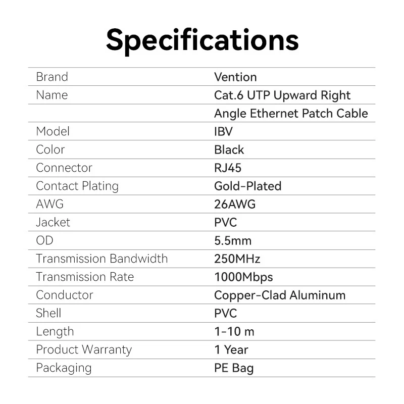 Vention 3-Meters Cat6 UTP 1000Mbps Upward Right Angle RJ45 Full-Speed Ethernet Patch Cable with 250MHz Bandwidth for Computers, Network Devices, PC, Laptops, Wi-Fi Access Point & Router
