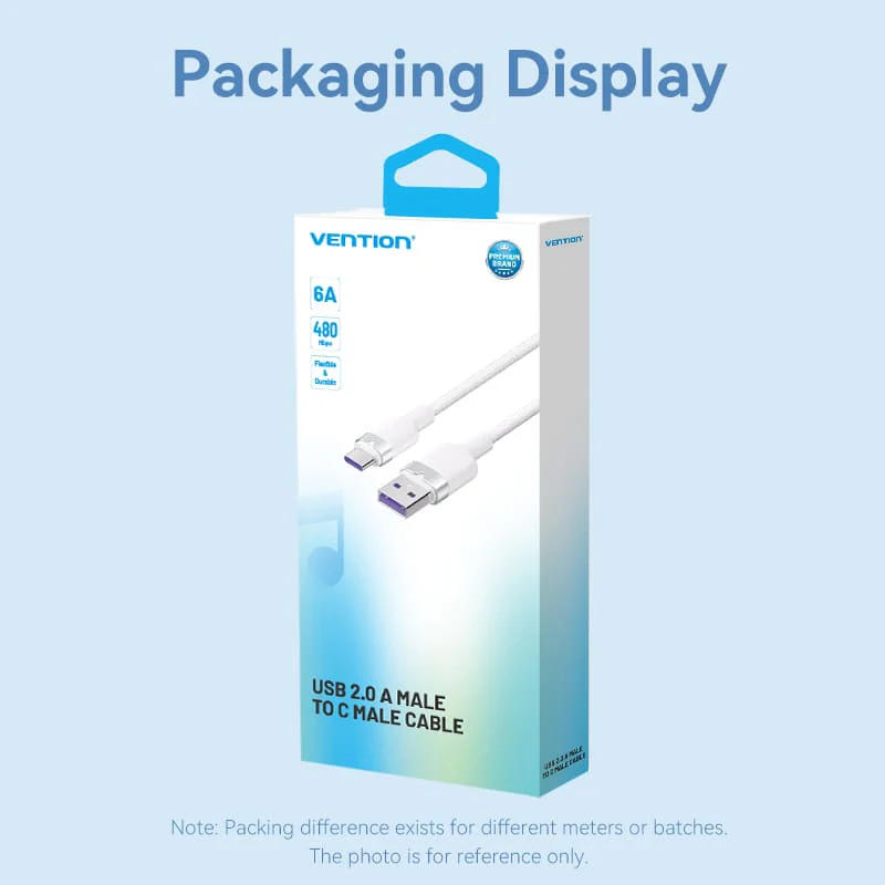 Vention 2-Meters USB 2.0 Type-A Male to Type-C Male 6A Fast Charging Cable 480Mbps Data Transmission Speed Aluminum Alloy Type