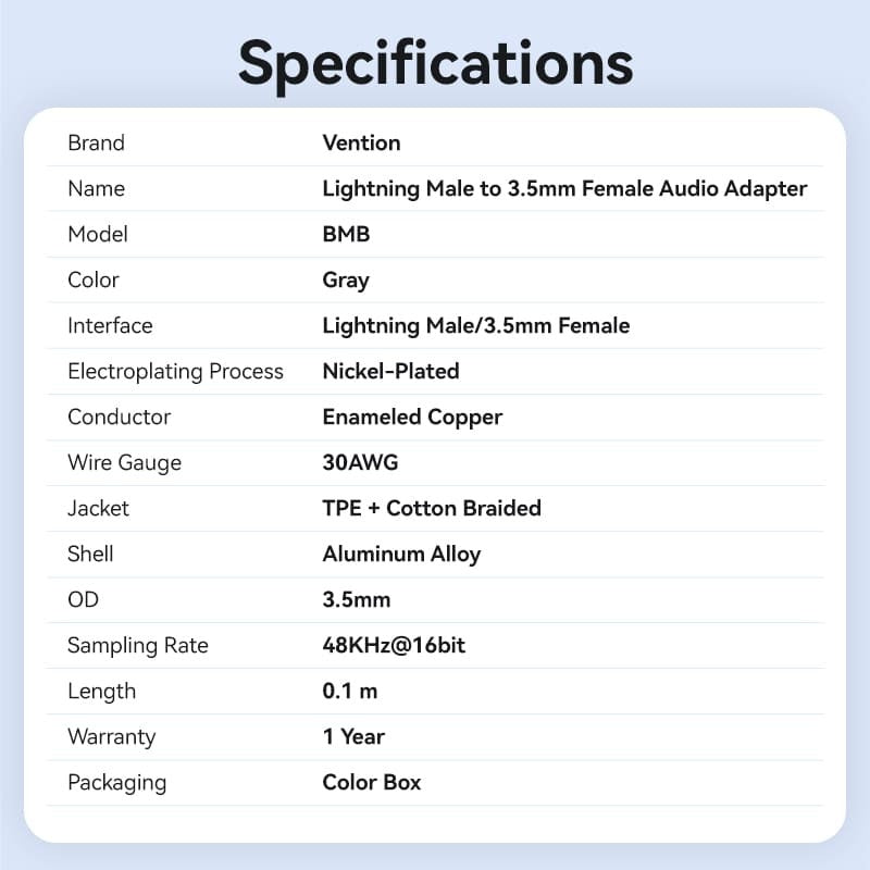 Vention iPh Male to 3.5mm Earphone Jack Adapter with Cotton Braided Exterior for Cars, Mobile