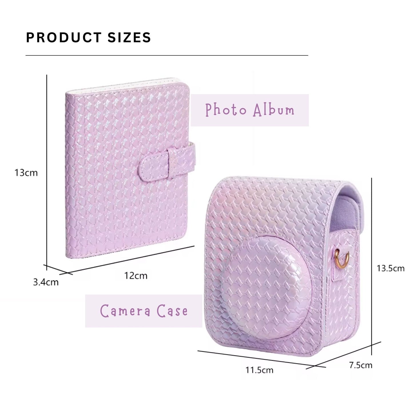 Pikxi Metallic Finish Basket Weave Pattern Photo Album and Case for FUJIFILM Instax Mini 12 Instant Film Camera - Available in Pastel Blue, Blossom Pink, White, Mint Green, Purple and Silver Colors