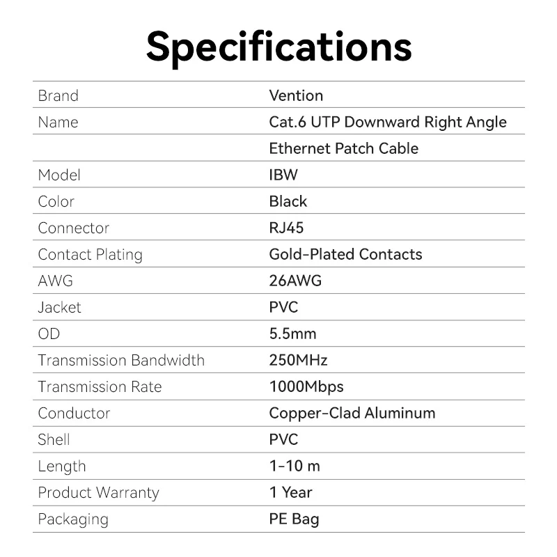 Vention 3-Meters Cat6 UTP 1000Mbps Downward Right Angle RJ45 Full-Speed Ethernet Patch Cable with 250MHz Bandwidth for Computers, Network Devices, PC, Laptops, Wi-Fi Access Point & Router