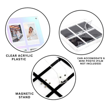 Pikxi 6 Pocket Acrylic Desktop Photo Frame 3Inch Picture Frame for Fujifilm Instax Mini Film Mini 12/11/EVO - Available in Black, White, Iridescent and Mirror Color Designs