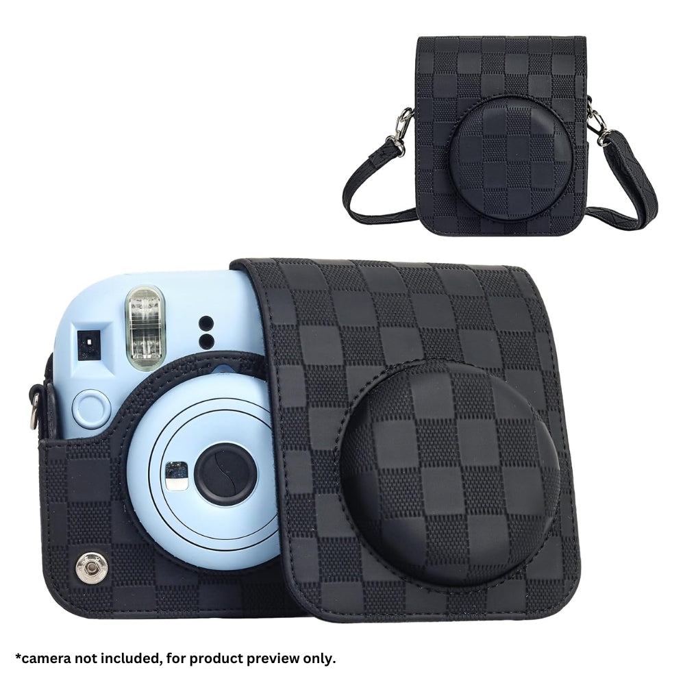 Pikxi BMS12 Fujifilm Instax Mini 12 PU Checkered Style Silicone Rubber Protective Camera Case Bag with Shoulder Strap - Clay White