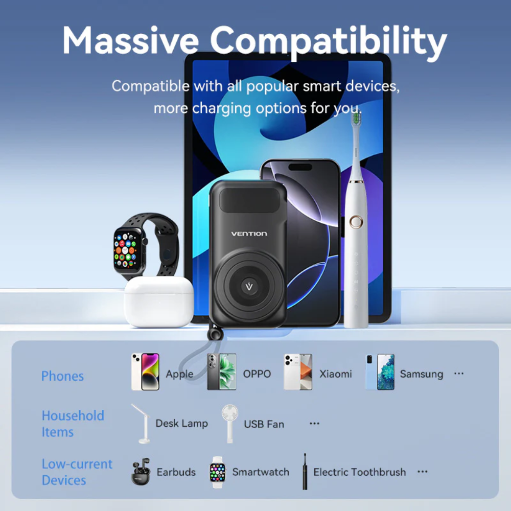 Vention 10000mAh Power Bank 15W Magnetic Wireless Charging Built-in USB-C and iPh Cable includes EU/US/UK AC Convertible Adapters with Airline-Approved for Travel