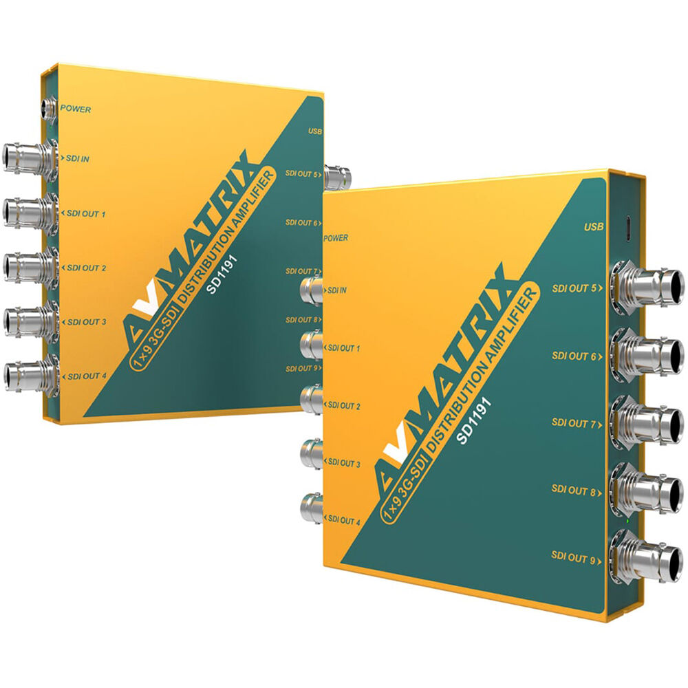 AVMatrix SD1191 1×9 SDI Reclocking Distribution Amplifier with 3G/HD/SD-SDI Multi-rate Signal Processing, 9 Buffered and Re-clocked Outputs, Support DVB-ASI Signals, LED Indicators, Locking Power Supply, and Mounting Ear