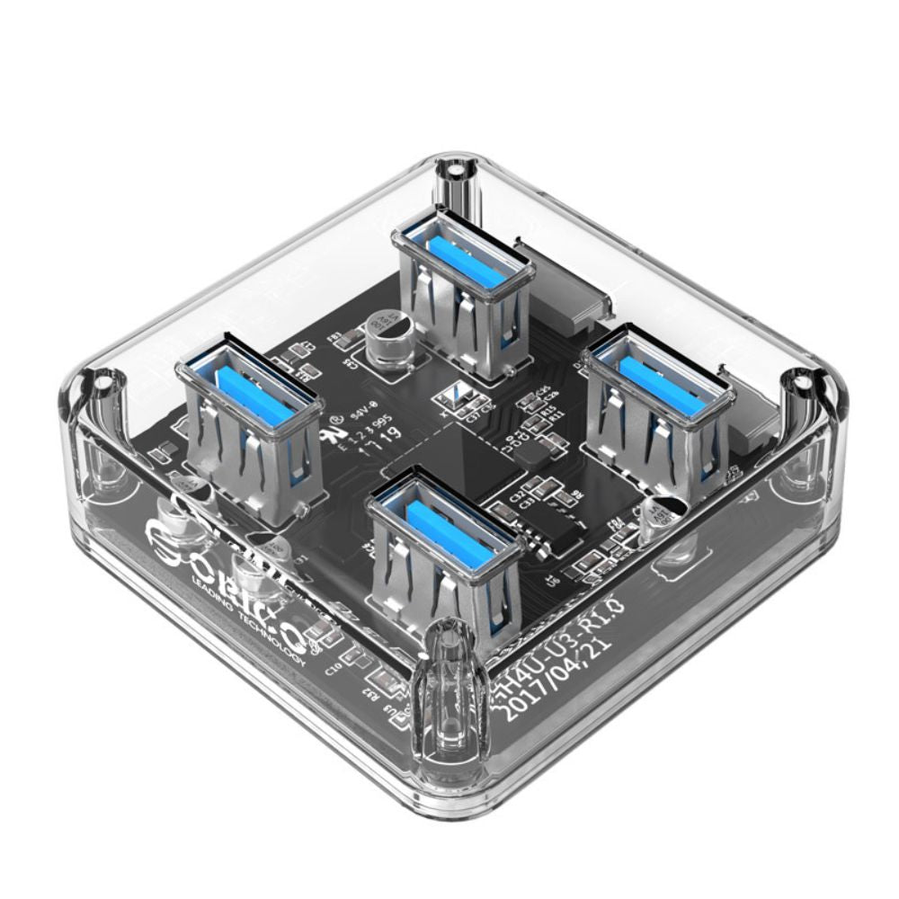 ORICO 4-Port USB 3.0 Transparent Hub with Power Supply, 5Gbps Speed, and Support for Windows, macOS, and Linux for PCs, Desktop Computers, and Laptops - USB Hubs and Docking Stations