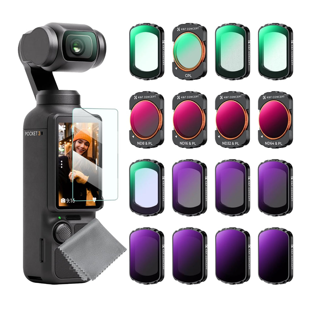 K&F Concept DJI OSMO POCKET 3 NO-X 16-in-1 Magnetic Effect Lens Filters with Screen Protector - Black Mist 1/4 & 1/8, UV, Anti-Light Pollution, CPL, ND32/PL, ND16/PL, ND8/PL, ND64/PL, ND8/16/32/64/128/256/1000 | Camera Accessories