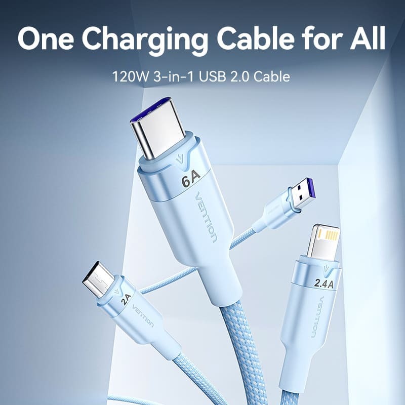 Vention 3-in-1 USB 2.0 1.5M Cable USB-C, Lightning, Micro-B, 6A Fast Charging, Aluminum Alloy for Phone, Tablet, Power bank - Available Colors