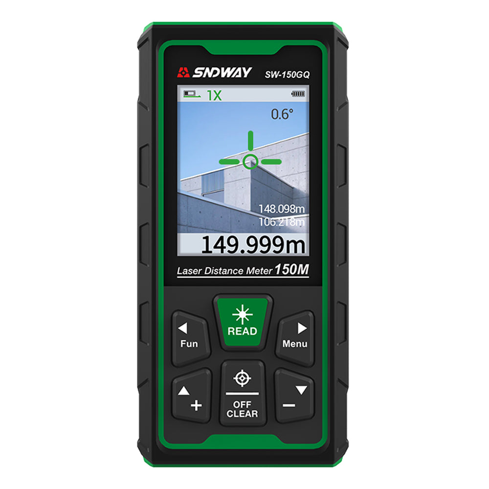 SNDWAY SW-150GQ Outdoor Green Beam Laser Distance Meter Digital Rangefinder with 3MP Camera, 150m Max Distance, IP68 Water and Dust Resistant, 2000mAh Rechargeable Battery, 90° Electronic Level Angle Sensor for Length Area Volume