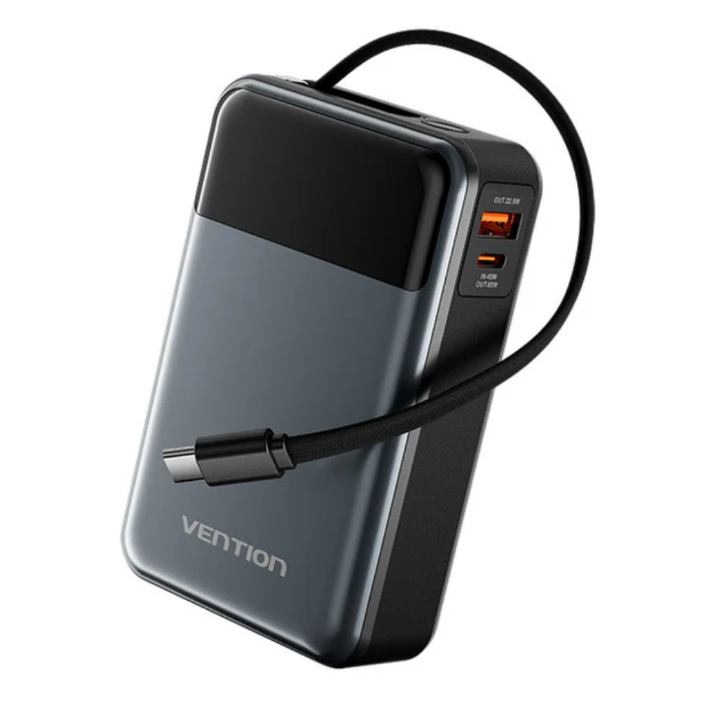 Vention 20000mAh 65W Fast Charging Power Bank with Built-in Cable, Lanyard Design, LED Digital Battery Display and Up to 3 Devicess