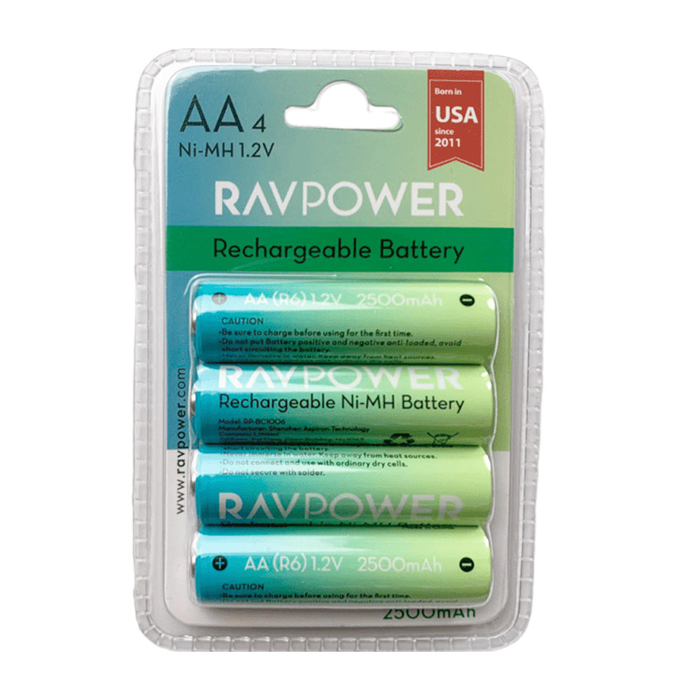 RAVPower 1.2V AA Ni-MH Rechargeable Battery 2500mAh (4pcs) and 4-Slot Charger with Micro USB & Type C Charging Ports for Cameras, Remote Controllers, Wall Clocks, Home Doorbells, Flash Lights, etc.