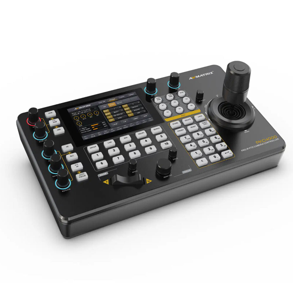 AVMatrix PKC4000-NDI IP Serial PTZ Camera Joystick Controller 5" Touchscreen Display, IP / 4S-422 / RS-485 / RS-232 Controls, Max 100 Camera Input and 255 Presets, Track Record + Playback, VISCA VISCA-IP ONVIF PELCO P&D Protocols
