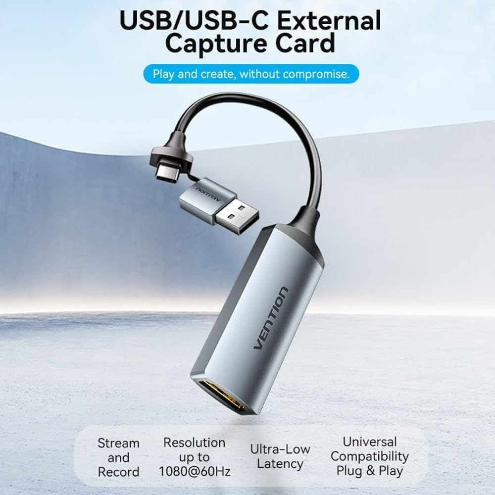 Vention 2-in-1 USB A + Type C to HDMI Video Capture Card for Steaming and Recording with 1080p@60Hz Resolution (Plug & Play) for Windows MacOS Linux Android Computer Laptop PC Mobile Phone Tablet Gaming Console Xbox PS5
