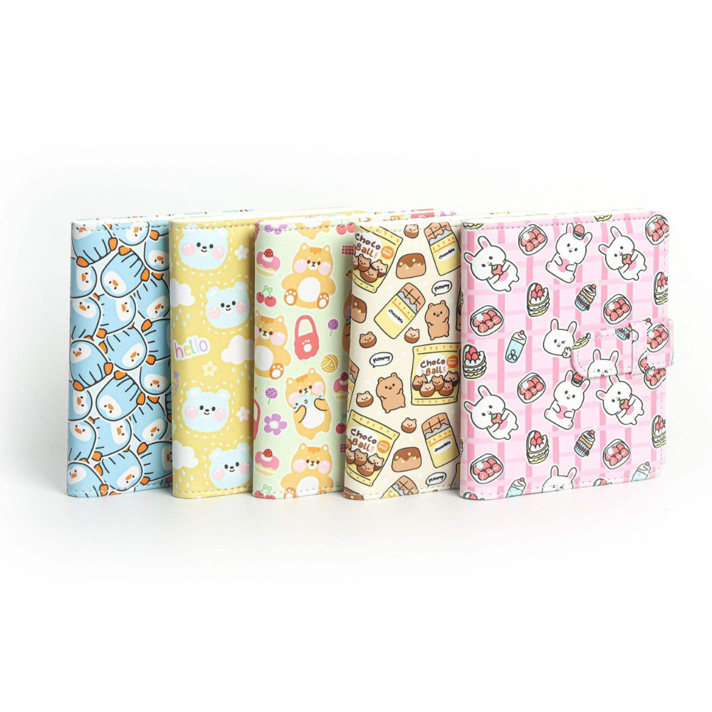 Pikxi 64 Pockets Cute Animal Prints Leather Photo Album with Slip Strap Closure for FUJIFILM Instax Mini Instant Film Camera - Available in Strawberry Rabbit, Sweet Cat, Blue Bear, Baby Penguin, Snack Bear Designs