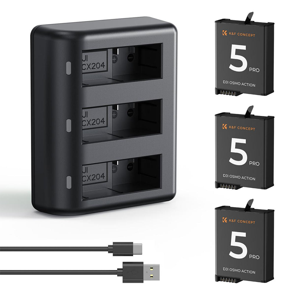 K&F Concept 3-Pack DJI Osmo Action 5 Pro / 4 / 3 Camera Battery & Triple-Slot Charger Kit with 2100mAh Capacity, LED Light Indicator, USB-C Charging Cable & Port