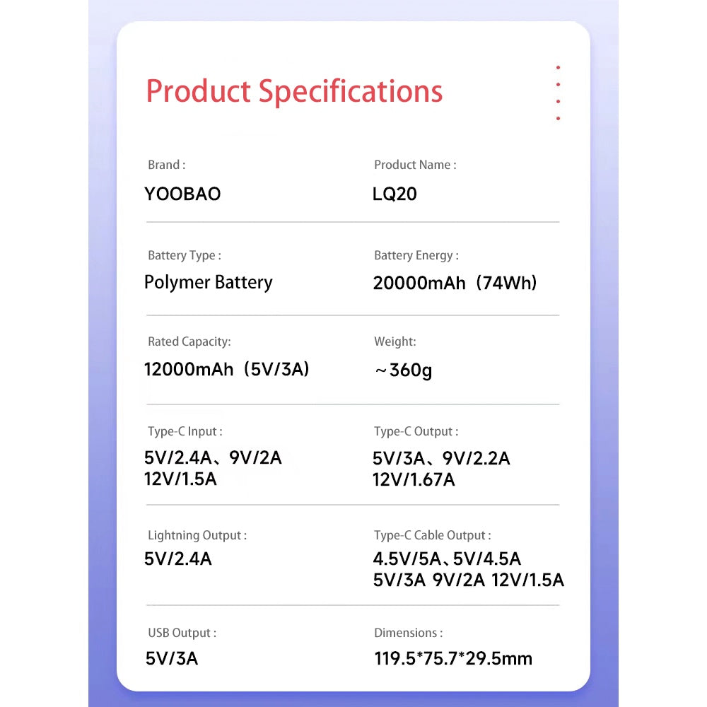 Yoobao LQ20 20000mAh 22.5W Fast Charge Digital Display Power Bank with Built-In Type C & Lightning Charging Cable, USB-A & USB-C PD Port for Phone, Tablet, Camera, iPhone, Android Smartphone, etc. - Black / Purple / Blue | Powerbank