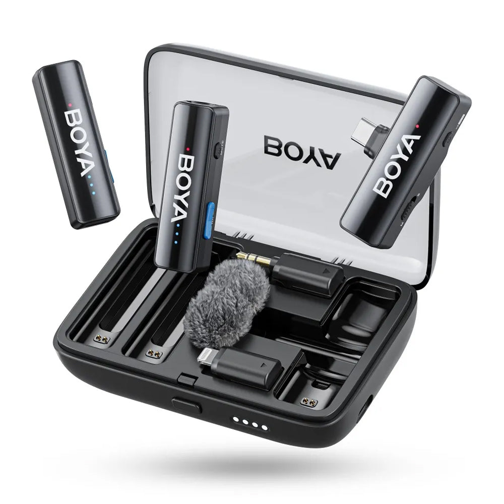 Boya BOYALINK 2 2-Person Wireless Microphone System (Dual TX + RX) with 3 in 1 3.5mm TRS, USB Type-C, iOS Lightning L-Type Interface, HD Noise Cancellation, 300m Max Range and Charging Case for Camera, Live Video Streaming, Vlog, TikTok
