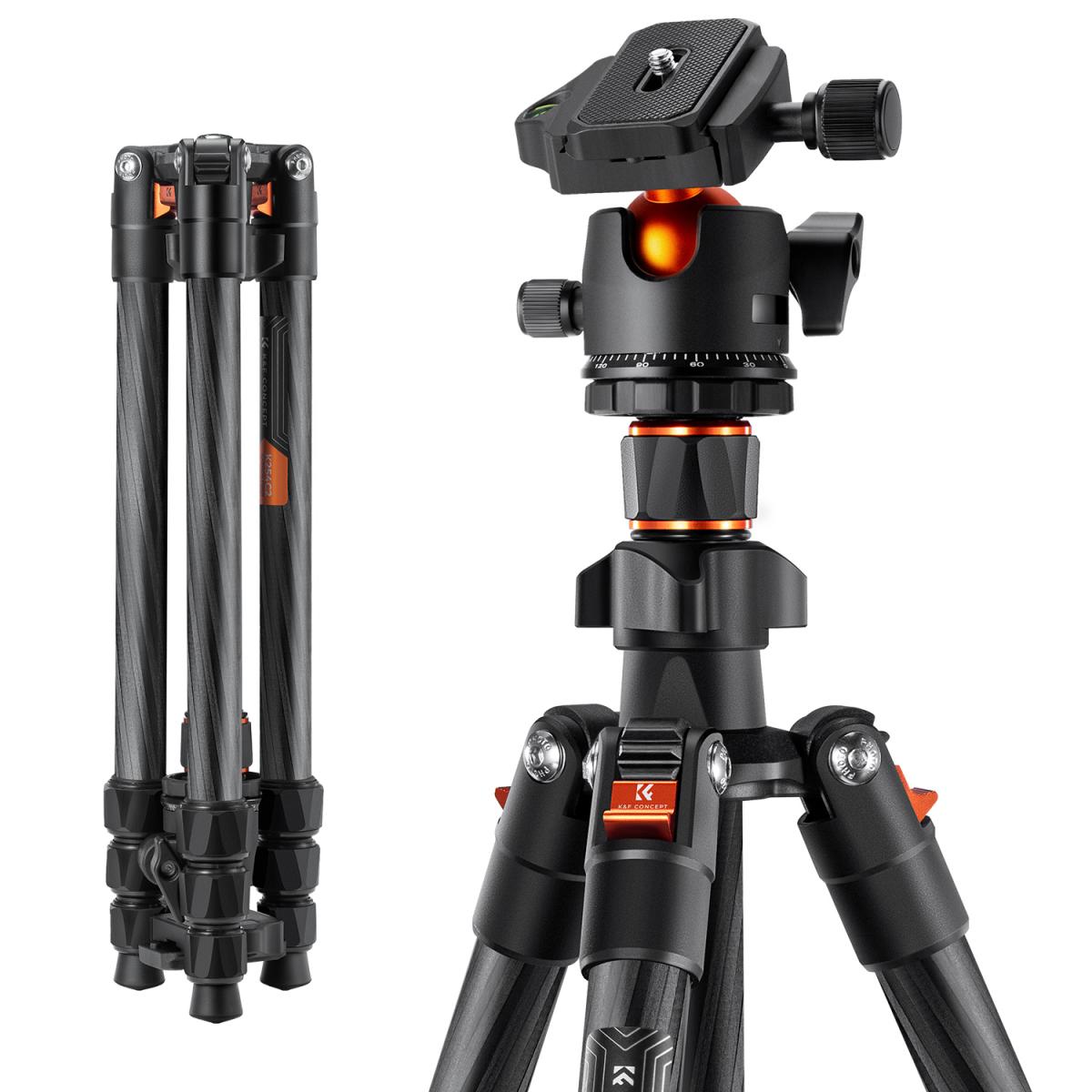 K&F Concept K254C2 K-Series 64" Carbon Fiber Lightweight Travel Tripod with 36mm Metal Ball Head, 8kg Load Capacity and QR Quick Release Plate for DSLR Cameras KF09-123