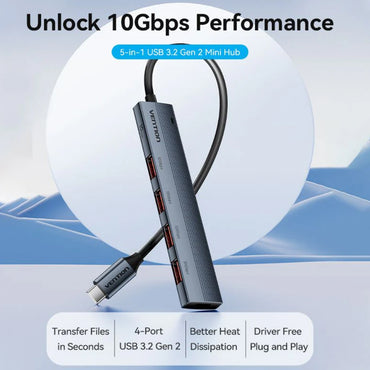 Vention USB 3.2 Gen 2 Hub with Type C Power Supply Port, 10Gbps High-Speed Data Transmission, and Supports Windows Linux MacOS Android (Plug & Play) for Desktop Computer Laptop Mobile Phone iPad Keyboard Mouse Card Reader Flash Drive
