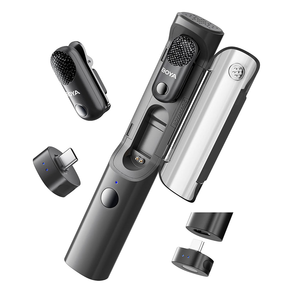 BOYA MAGIC-02 / MAGIC-05 Transformable Al-Powered Mini Wireless Lavalier Microphone Kit w/ USB-C, Lightning and 3.5mm TRS Receivers, AI Noise Reduction, 30Hrs Total Battery Life & 100M LOS Range — Versatile for Professional & Personal Use
