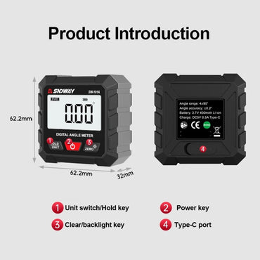 SNDWAY Digital Angle Magnetic Clinometer with 4 Directions 90-Degree Measurement Range, Full View LCD Display, Automatic Screen Rotation, and Built in Rechargeable Lithium Battery for Industrial & Home Improvements | SW-101A