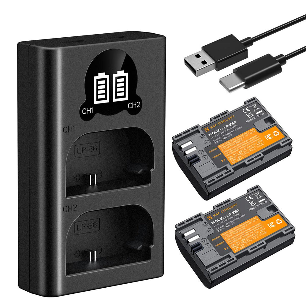 K&F Concept LP-E6P LPE6P Battery and Charger Kit with 2400mAh Capacity, Micro and USB-C Port for Canon EOS R5 II, R6 II, R7, R6, R5 Mirrorless / 90D, 80D, 70D, 60D, 5D IV, 5D III, 5D II, 5DS R, 6D II, 6D, 7D II, 7D DSLR Cameras