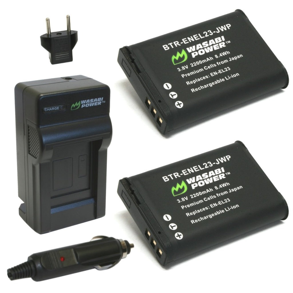 Wasabi Power EN-EL23 Battery Charger with Power Indicator, Built-In Fold Out US Plug, Car Charger and Euro Plug Adapter for Nikon Coolpix B700 P600 P610 P900 P900s S810c Compact DLSR Camera | LCH-ENEL23