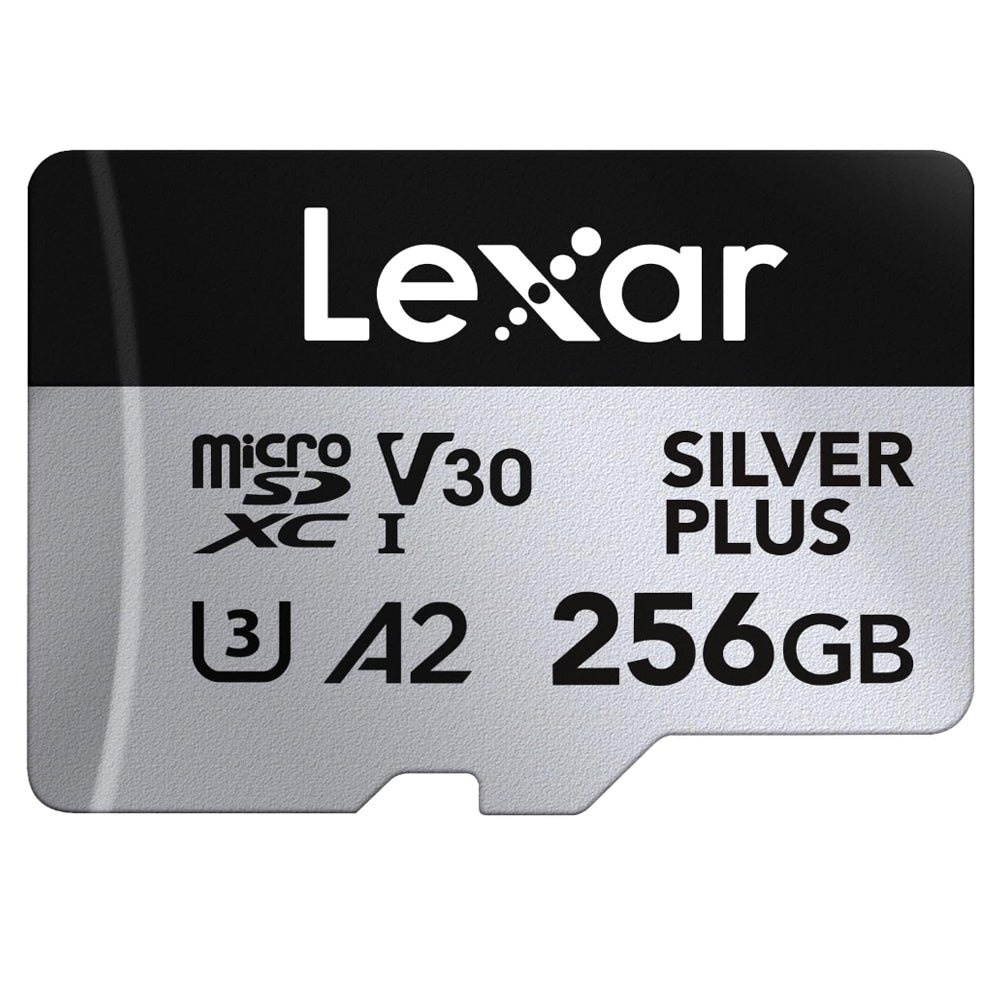 Lexar Professional 256GB 128GB 64GB Silver Plus MicroSDXC UHS-I A2 V30 U3 Class 10 Micro SD Card with 4K UHD Video Record, Max 205MB/s Read Speeds and MicroSD Card Adapter for Cameras and Android Devices