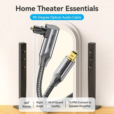 Vention Fiber Optic 360° Right Angle Male to Male Hifi Braided Audio Cable S/PDIF and Toslink Compatible with Gold Plated Plugs for Monitor TV Speaker Amplifier Game Console
