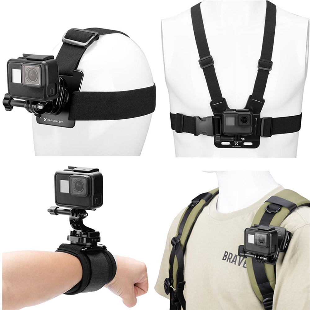 K&F Concept Head / Chest / Wrist Strap Mount Set Kit Bundle with 360° Rotation for Smartphones and GoPro DJI Insta360 Action Cameras - POV Point of View Recording, Hands-Free Vlogging, Video Content Creation | SKU-2289 SKU-2290