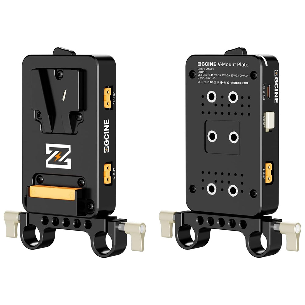 ZGCINE VM-VP3 V-Mount Battery Plate with 3 D-Tap, USB-C PD Output, 15mm LWS Rod Clamp, 1/4"-20 Mount Threads, Multi-Accessory Power Hub for Mobile Phones, Cameras, LED Lights, Monitors, Electric Slide Rails & Video Equipment
