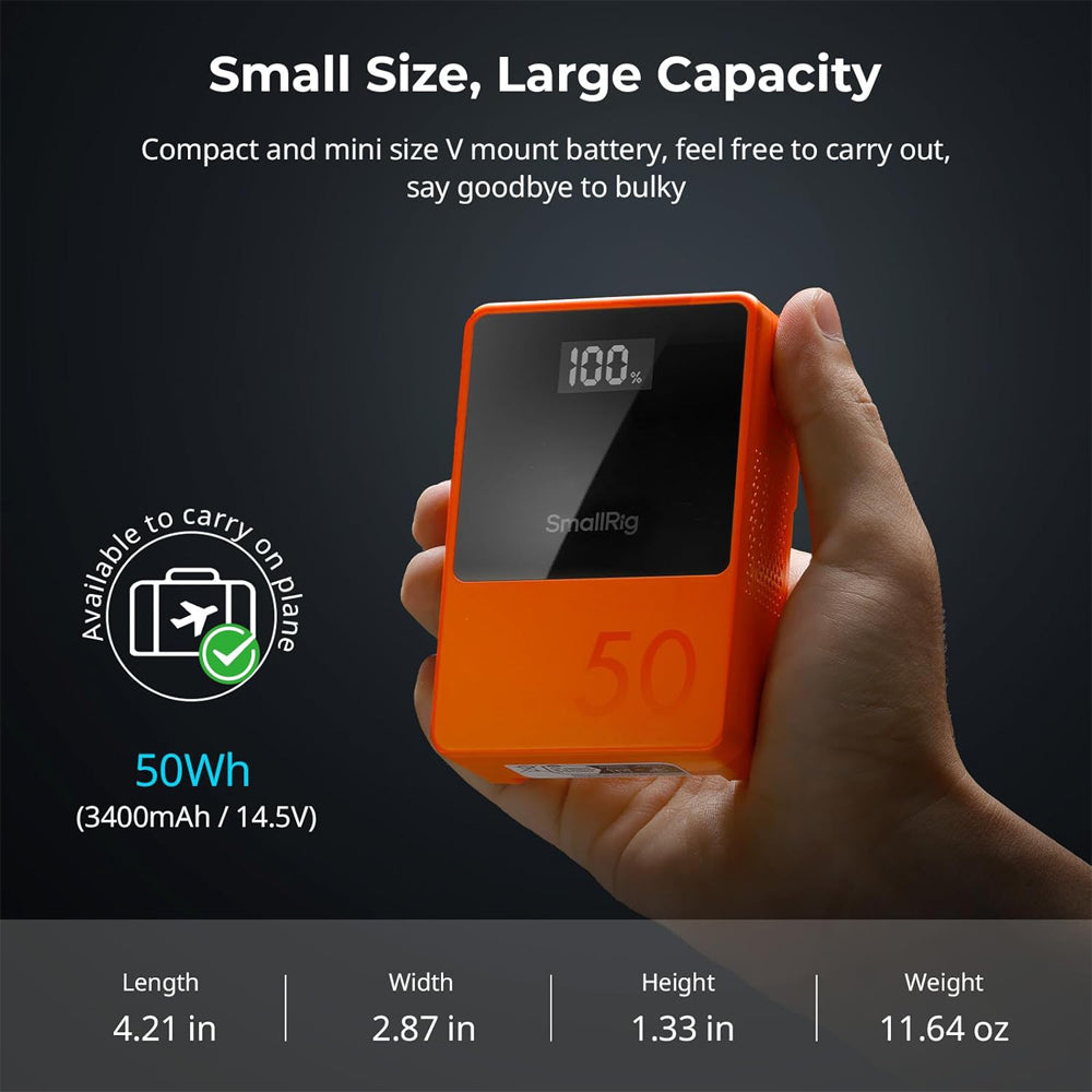 SmallRig VB50 Mini V Mount Battery (50Wh) with Safe & Fast Bi-Directional Charging, Multiple Interfaces & OLED Display for Cameras, Camcorders, Drones, Gimbals, Phones, Tablets, Laptops, Video Lights & Field Monitors | 3579 Black