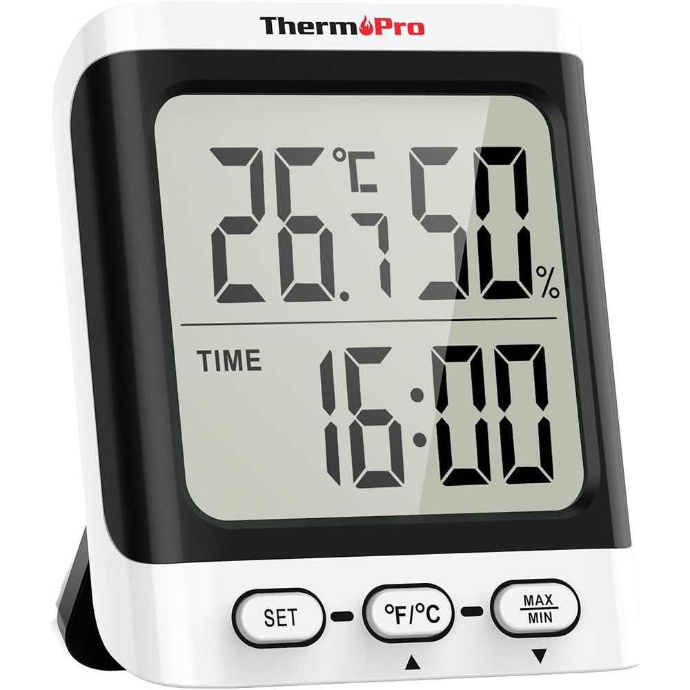 ThermoPro TP152 Indoor Hygrometer & Thermometer with Clock, Accurate Temperature & Humidity Monitor, Large LCD Display, Max/Min Records, for Living Room, Kitchen, Home, Office, Greenhouse, Baby Room and Wine Cellar