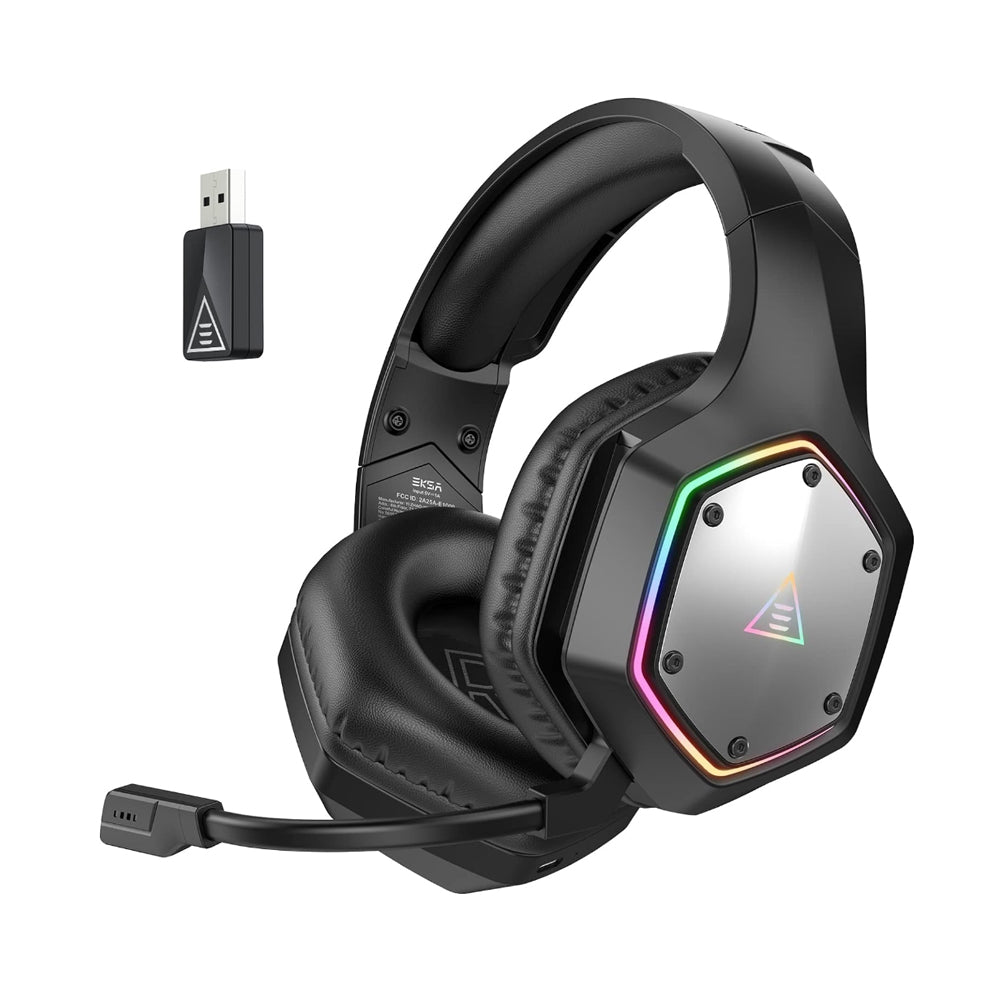 EKSA E1000 WT Wireless Gaming Headset RGB Backlight Over-Ear Headphones w/ ENC Noise Cancelling Microphone, Built-In Controls, USB-A Dongle, 3.5mm Audio Cable, USB-C Charging Cable, 7.1 Surround Sound for PC, Laptop Computer, PS5/PS4, Xbox