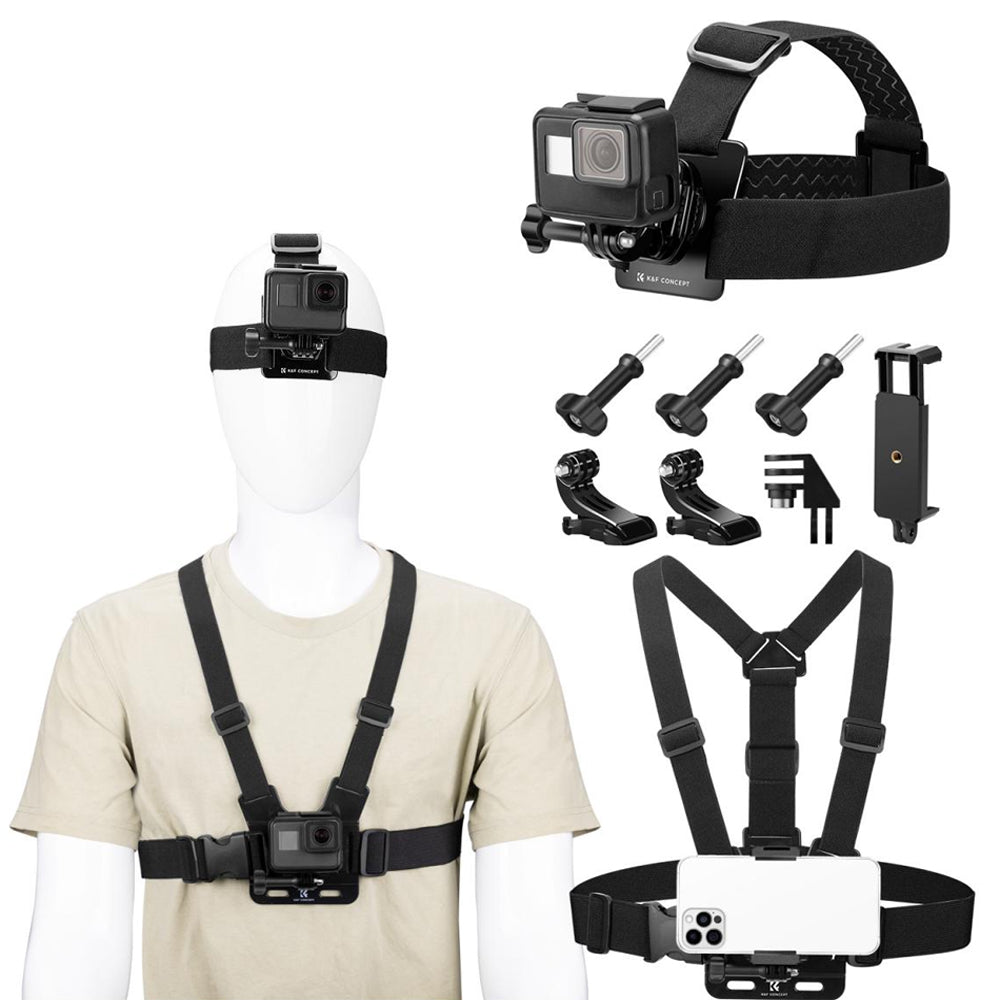 K&F Concept Head / Chest / Wrist Strap Mount Set Kit Bundle with 360° Rotation for Smartphones and GoPro DJI Insta360 Action Cameras - POV Point of View Recording, Hands-Free Vlogging, Video Content Creation | SKU-2289 SKU-2290