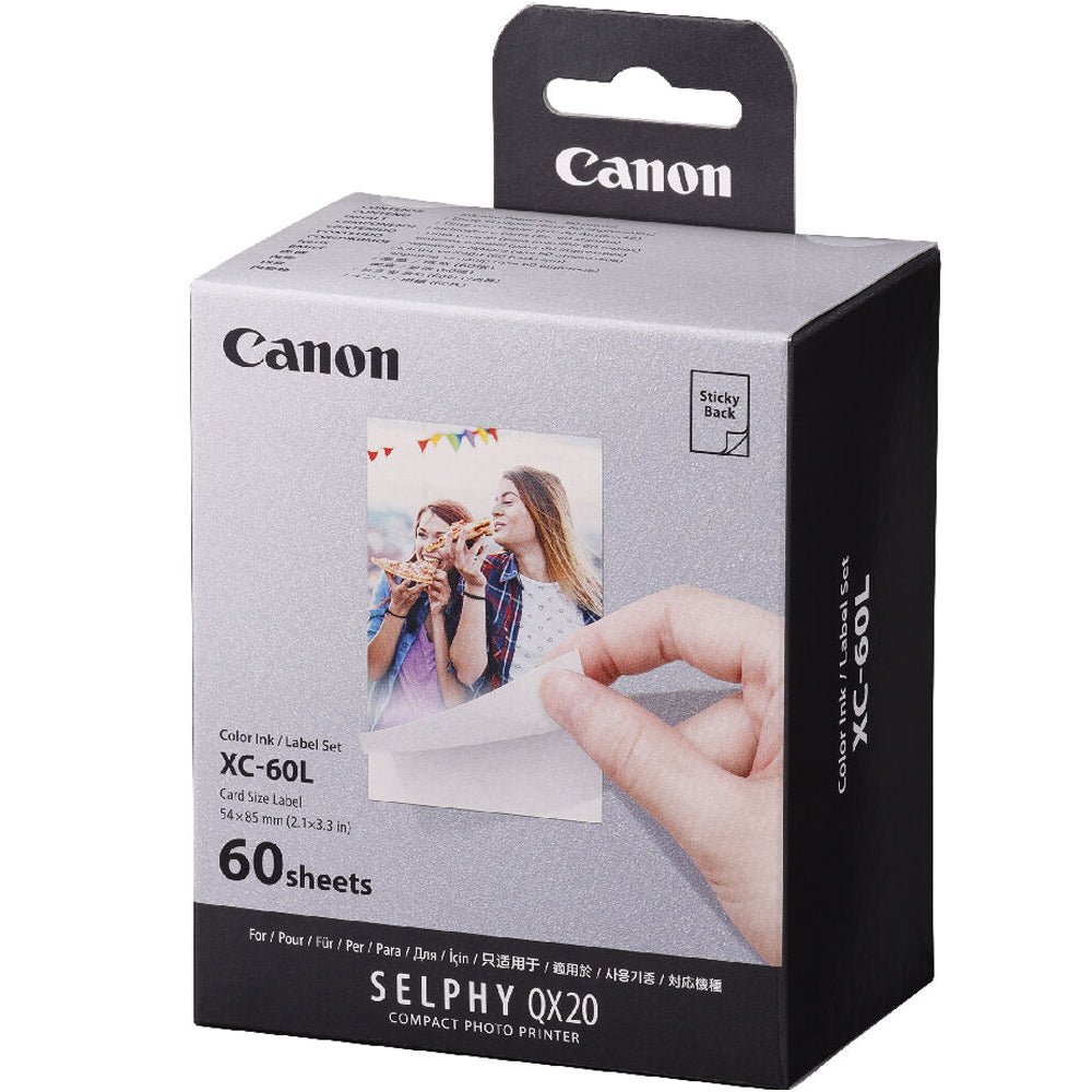 Canon 60 / 20 Pack Sticker Photo Paper Sheets for SELPHY QX20 Printer Series, 2.1 x 3.4 Inches Card Size Fast Drying with 20 Prints per Ribbon | XC-60L XC-20L