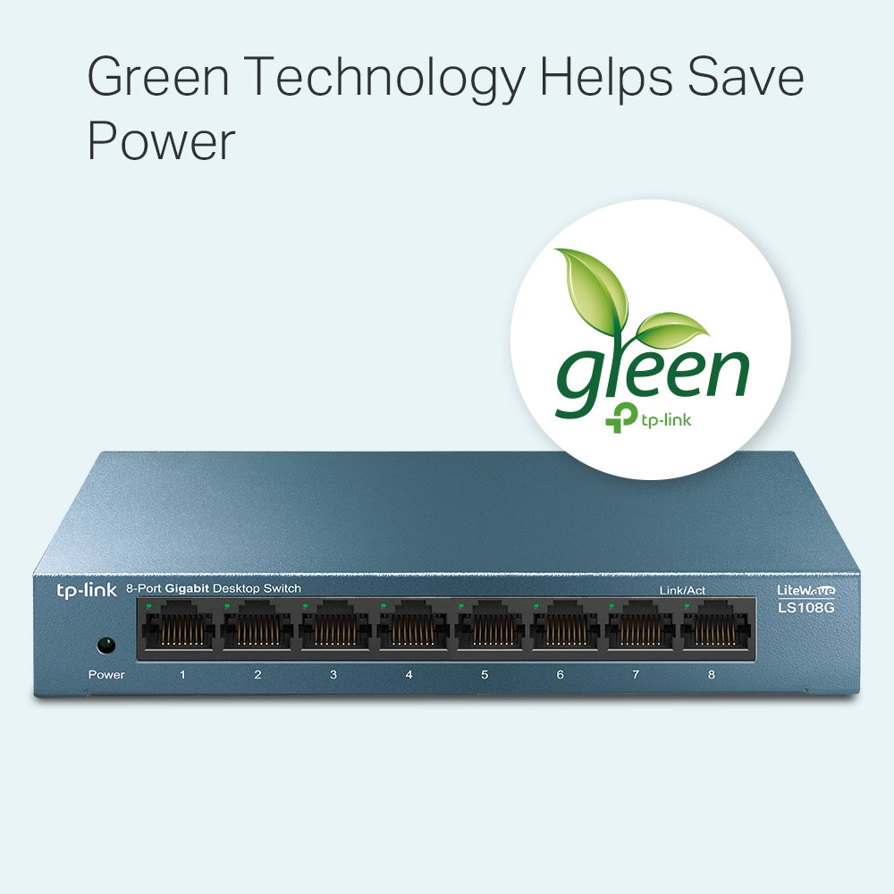 TP-Link LS108G 8-Port 10/100/1000Mbps Gigabit Desktop Switch with Auto-Negotiation RJ45 Ports Supporting Auto-MDI/MDIX, Driver Free, Fanless, 802.1p/DSCP QoS Function, MAC Address Learning, 802.3X Flow Control, Green Ethernet Technology