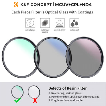 K&F Concept Nano-K Series 3pcs UV + CPL Polarizer + ND4 Neutral Density Lens Filter Kit with Cleaning Cloth and Case Pouch, Multi-Coated Optical Glass and Ultra-Thin Aluminum Frame for Mirrorless and DSLR Camera Photography